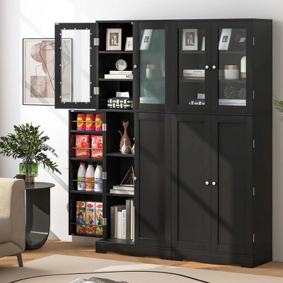 Black Tall Kitchen Pantry Storage Cabinet with Glass Doors