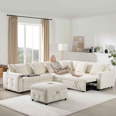 117 Inch Sectional Sofa with Storage Ottoman, Pull-Out Sleeper with Flip-Up Table and USB Ports, Chenille Sofa with Wood Frame-Coolbibila