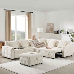 117 Inch Sectional Sofa with Storage Ottoman, Pull-Out Sleeper with Flip-Up Table and USB Ports, Chenille Sofa with Wood Frame-Coolbibila - 1 of 4