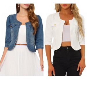 INSPIRE CHIC Women's Collarless Pockets 3/4 Sleeve Crop Denim Jackets 2 Pieces - 1 of 4