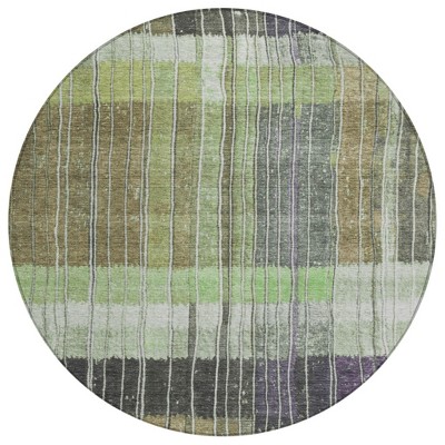 HomeRoots 8' Artichoke Green Charcoal And Purple Round Striped Washable Indoor Outdoor Area Rug