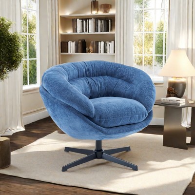 VYNXARIA Modern Chenille Office Chair,360 Swivel Accent Chair with Removable Cushion,Round Office Chair, Black Metal Base,Cotton Material,Navy Blue