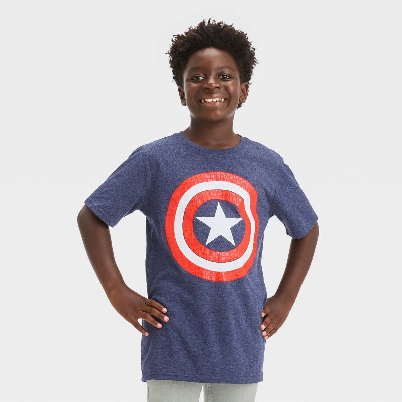 Boys' Marvel Captain America Shield Short Sleeve Graphic T-Shirt - Dark Blue Denim, 1 of 4