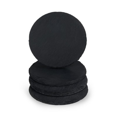 Black Slate Round Coasters with Velvet Backing, Set of 4