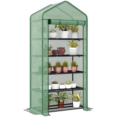 Outsunny 5 Tier Mini Greenhouse with Reinforced PE Cover, Small Portable Greenhouse with Roll-Up Zippered Door, Green
