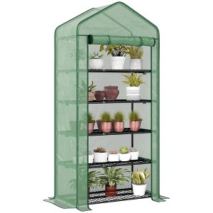 Outsunny 5 Tier Mini Greenhouse with Reinforced PE Cover, Small Portable Greenhouse with Roll-Up Zippered Door, Green - 1 of 4