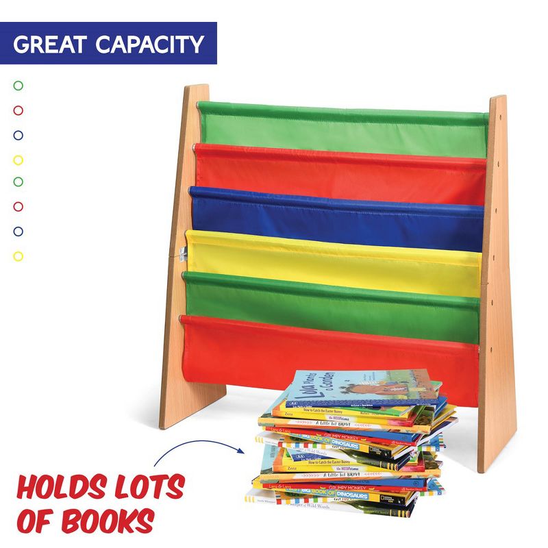 Toddler Book Shelf Organizer - Wooden Kids Book Case Storage & Magazine Rack with 5 Multicolored Nylon Fabric Shelves - Easy-to-Reach Kids Bookshelf, 3 of 8