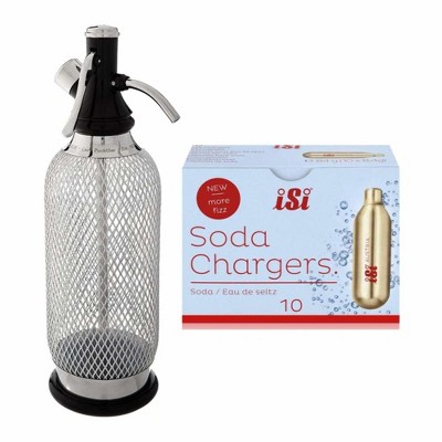 iSi North America Classic Sodamaker & Soda Siphon Charger Set, 10-Pack - Stainless Steel Mesh Soda Dispenser - 1 Qt Carbonation System
