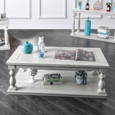 NicBex Rustic Antique Coffee Table with Plank Style Tabletop & Column Turned Legs,Rectangular Center Table for Living Room,28"White