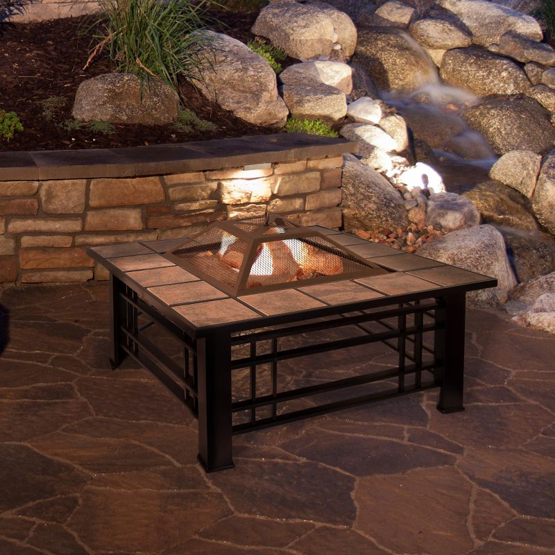 Nature Spring 32" Square Metal Patio Fire Pit Table with Accessories - Marble Tile, Black, 4 of 6