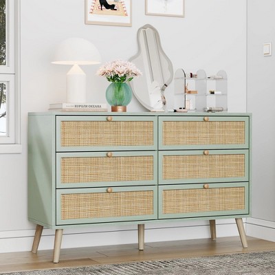 Brafab Vintage Natural Rattan 6 Drawers Dresser for Bedroom, Mid-Century Modern Dresser with Sturdy Wooden Legs