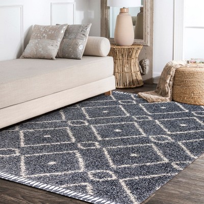 Denim Blue Geometric Shag Area Rug with Tassels