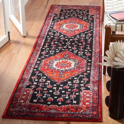 Vintage Red and Black Synthetic Runner Rug, 2'3" x 8'