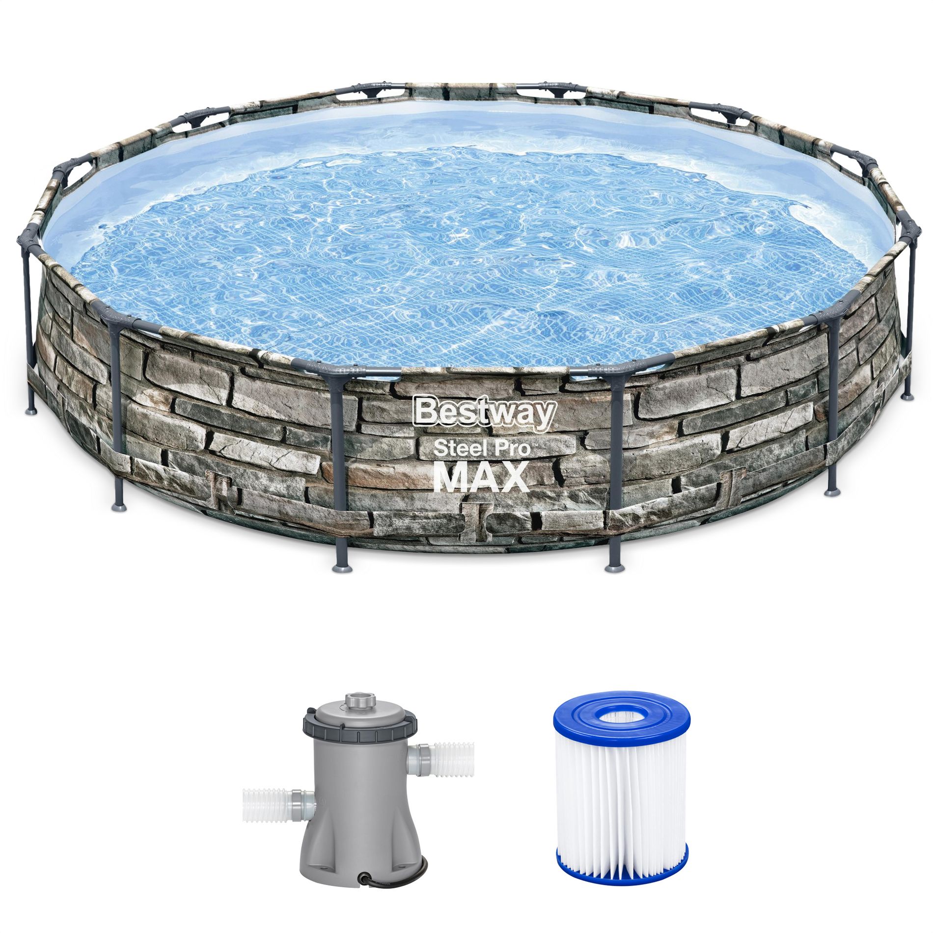 Bestway 12'x30" Pro Max Round Stone Print Steel Frame 5-Person 1,710 Gallon Above Ground Swimming Pool with Filter Pump and Filter - Gray (56817E )