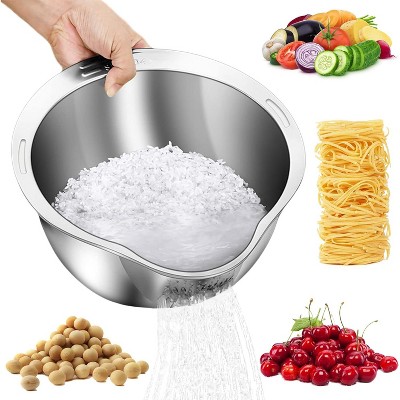 4-in-1 Washing Bowl for Quinoa, Stainless Steel Rinser With Side Drainers Small Colander for Cleaning Fruits, Vegetables