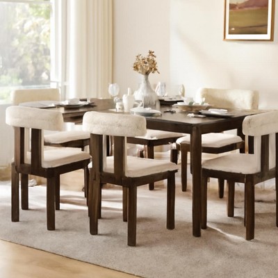 Homy Casa Set of 2 Upholstered Dining Chairs with Curved Backrest and Wooden Frame, Beige