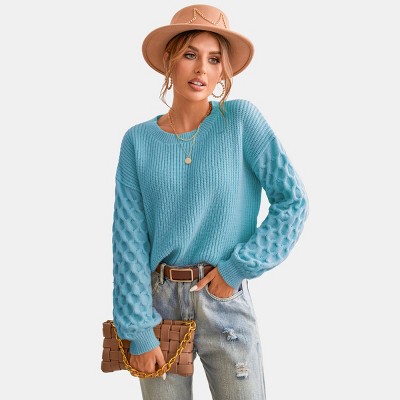 Women's Long Sleeve Honeycomb Knit Pullover Sweater - Cupshe-l-blue : Target