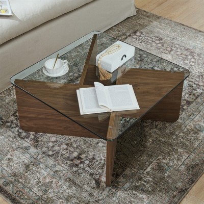 KIGFTSOD Mid-Century Modern Square Glass Coffee Table, Wooden Antique Square Center Cocktail Table with Tempered Glass Top for Living Room