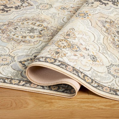 Beige Tufted Synthetic Washable Area Rug with Non-Slip Backing