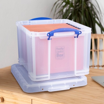 Clear 32L Plastic Stackable Storage Boxes with Blue Handles, Set of 3