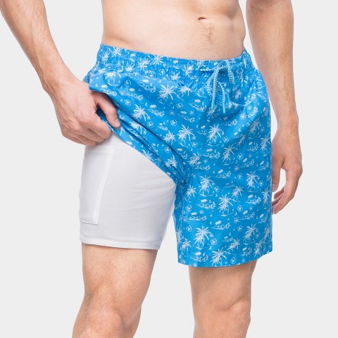 Мужские шорты Rokka&Rolla Men's 7'' Pattern Swim Shorts with Compression Liner-Ocean Navy Print, size Medium