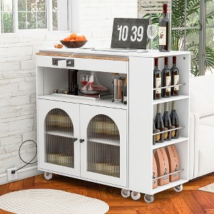 Rolling Kitchen Island with Extended Table, LED Lights, Power Outlets, Glass Doors, Storage, and Open Shelves - 1 of 4