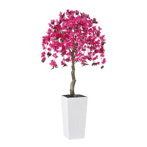 DR.Planzen UV Resistant 6-7FT Pre Potted Artificial Bougainvillea Red Flowers Tree with White Tall Planter for Indoor Outdoor Home Decor - 1 of 4