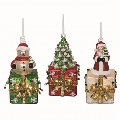 Transpac Glass Light Up Present Ornament Set of 3 Christmas Home Decorations
