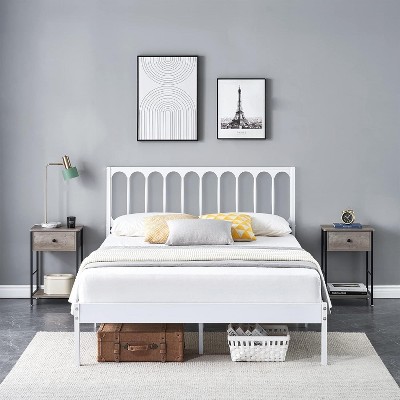 Full Size Metal Bed Frame with Wave Headboard, 14" Platform, No Box Spring Needed, Noise-Free Foundation, White
