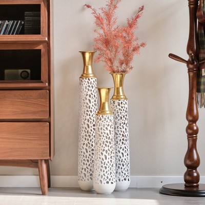 Angel Sar 3-Piece Metal Floor Vases with Irregular Geometric Hollow Design, Large Flower Vase