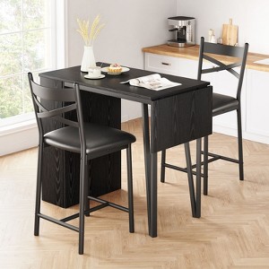 Dining Table Set for 2, Extendable Top with Side 3-Tier Open Cabinet & 2 Cushion Stools, Industrial Bar Table Set for Apartment Dining Room Kitchen - 1 of 4