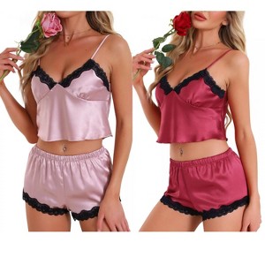 INSPIRE CHIC Women's 4 Pcs Loungewear Satin Lace Sleeveless Spaghetti-Strap Removable Pad Cami & Shorts Pajama Set - 1 of 4