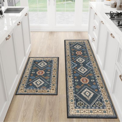 FURNIinspire Floor Mats Home 2 Piece Kitchen Rug Machine Washable Floor Mat for Living Room, Vintage Carpet, Non Slip, Blue, 60"*20"