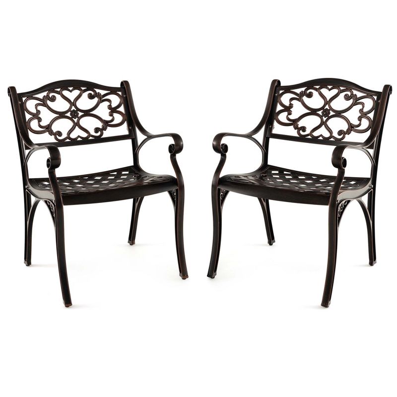 Costway 2/4 PCS Cast Aluminum Patio Chairs Set of 2 Outdoor Dining with Armrests & Curved Seats Bronze, 2 of 10
