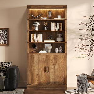 Gulches 83.4'' Tall Modern Bookshelf with Doors - Farmhouse Walnut Bookcase, 3-Tier Adjustable Shelves & LED Light, Large Storage Cabinet - 1 of 4