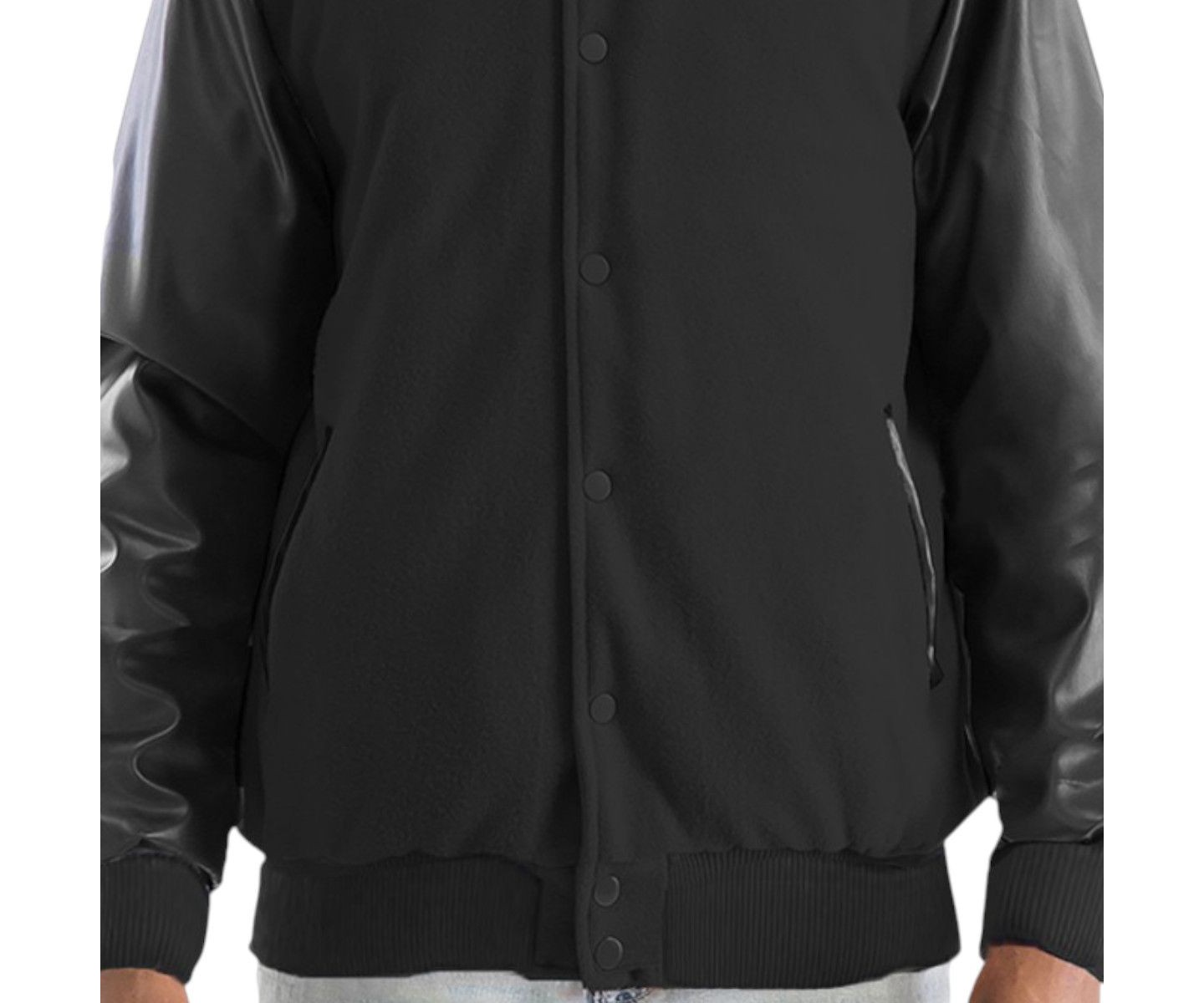 Мужская куртка Slickblue Varsity Letterman Snap Jacket, Melton Fabric PU Sleeves, Casual Streetwear Outerwear, Black, цвет: Чёрный — фото 2