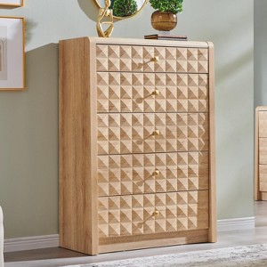 SinCiDo 5 Drawer Dressers for Bedroom, Wood Tall Closet Chest of Drawers with Diamond Panel Decorate, Mid Century Modern Storage Organizer - 1 of 4