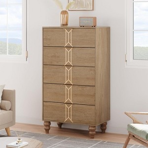 Coucheta Vintage Oak 5-Drawer Dresser – Tall Storage Unit with Gold Handles & Deep Drawers for Bedroom, Living Room, Entryway - 1 of 4