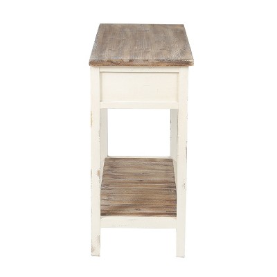 Vintage Distressed White and Natural Wood Console Table with Storage