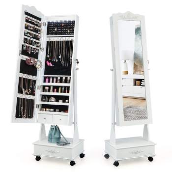 Tangkula Rolling Jewelry Cabinet Armoire Full Length Led Mirror ...
