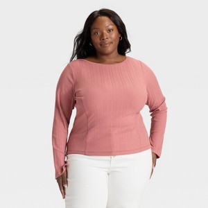 Women's Split Long Sleeve Boat Neck Rib-Knit Top - Ava & Viv™ - 1 of 3