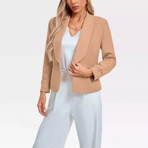 Womens Blazer 3/4 Ruched Sleeve Shawl Collar Business Work Blazers Open Front Casual Jackets with Pocket - 1 of 4
