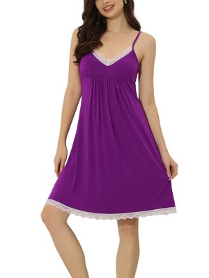 cheibear Women's V Neck Lace Trim Solid Color Pajama Sleepdress Nightgown