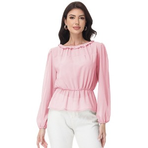 Anna-Kaci Women's Long Sleeve Blouse with Ruffle Neckline and Cinched Waist Detail - 1 of 4