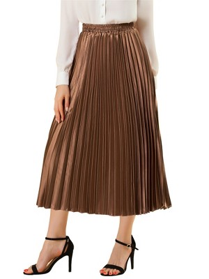 INSPIRE CHIC Women's Party Elastic Waist Metallic Shiny Accordion Pleated Midi Skirt