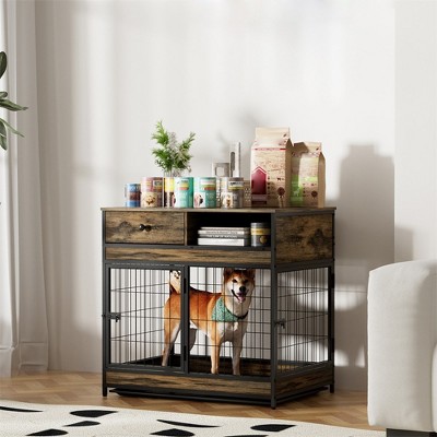 Dog Crate Furniture with Drawers, 31.4" Wooden Dog Kennels with Double Doors, Dog Cage End Table for Small/Medium Dogs, Indoor Pet Cage House