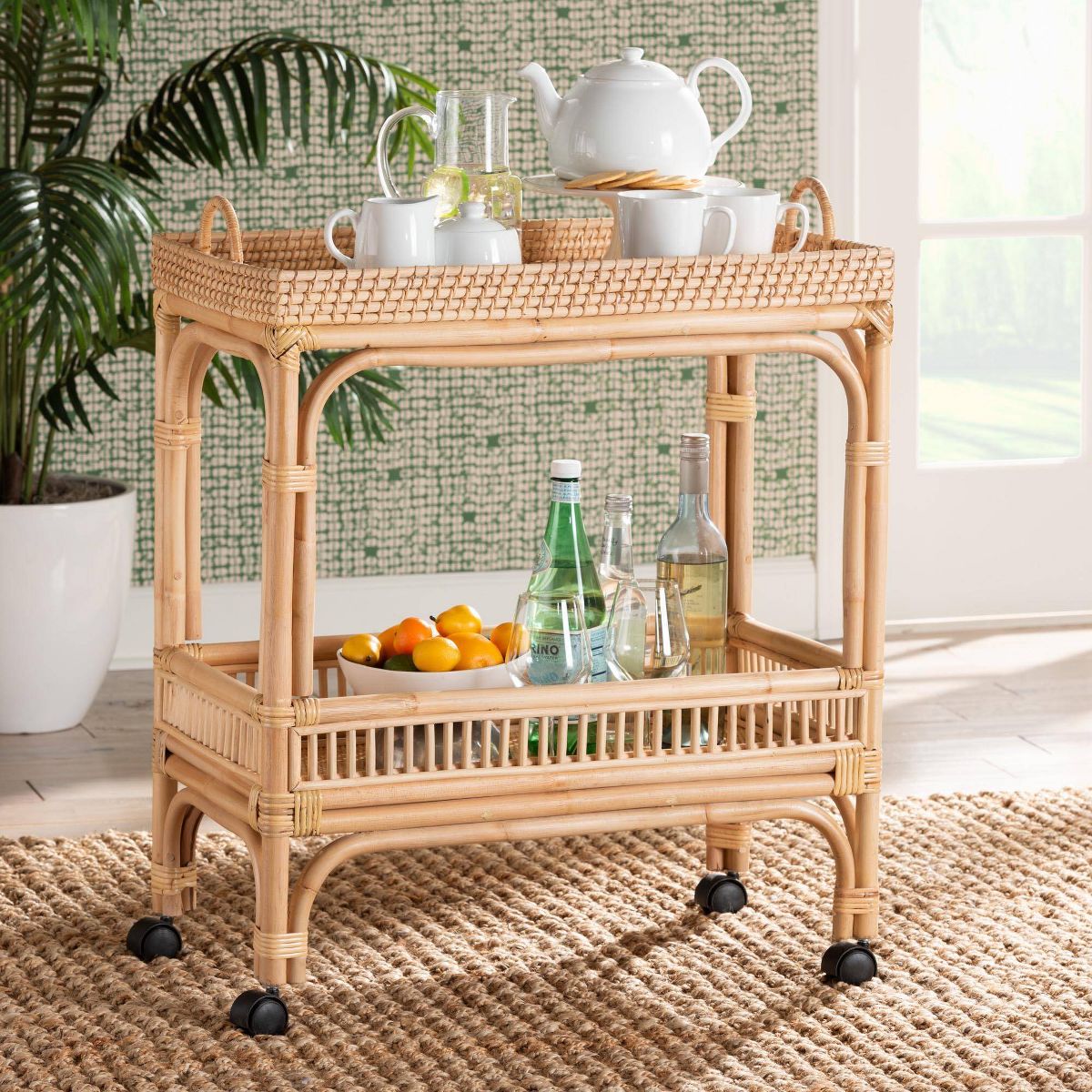 bali & pari Lombok Rattan Wine Cart Natural Brown: Indoor Bar Cart with Wine Holder, No Assembly Required - thumbnail 3