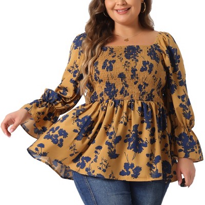 Agnes Orinda Women's Plus Size Floral Printed Smocked Square Neck Ruffle Long Sleeve Peplum Shirts