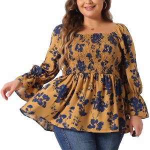 Agnes Orinda Women's Plus Size Floral Printed Smocked Square Neck Ruffle Long Sleeve Peplum Shirts - 1 of 4