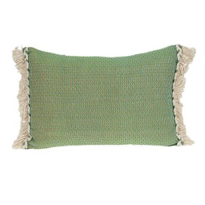 HomeRoots 14" X 20" Green And Beige Cotton Lumbar Throw Pillow with Embroidery and Fringe - 1 of 4